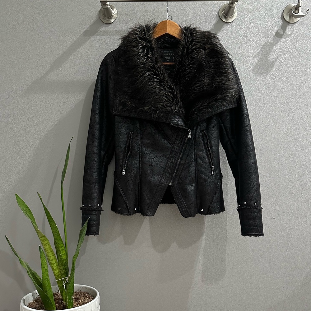 Guess Black Leather Jacket with Faux Fur Collar